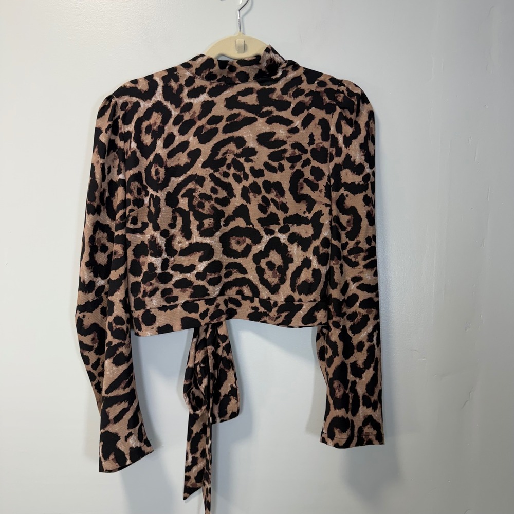 Shein Leopard Print Mock Neck Tie Front Crop Top XL